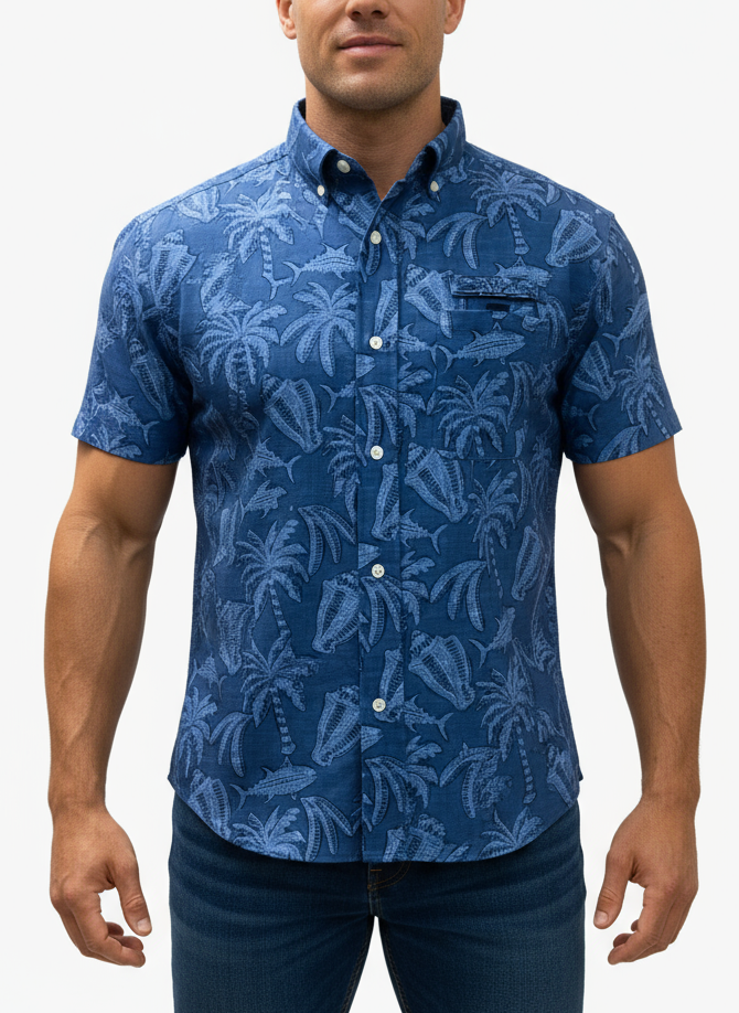 Camisa de botones Vineyard Vines 🐳 Modelo Harbor Color azul con diseño tropical Talla M Entalle regular