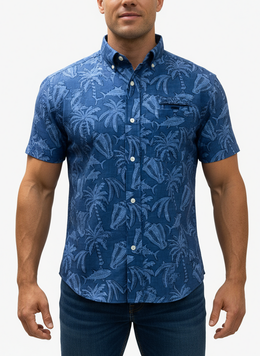 Camisa de botones Vineyard Vines 🐳 Modelo Harbor Color azul con diseño tropical Talla M Entalle regular