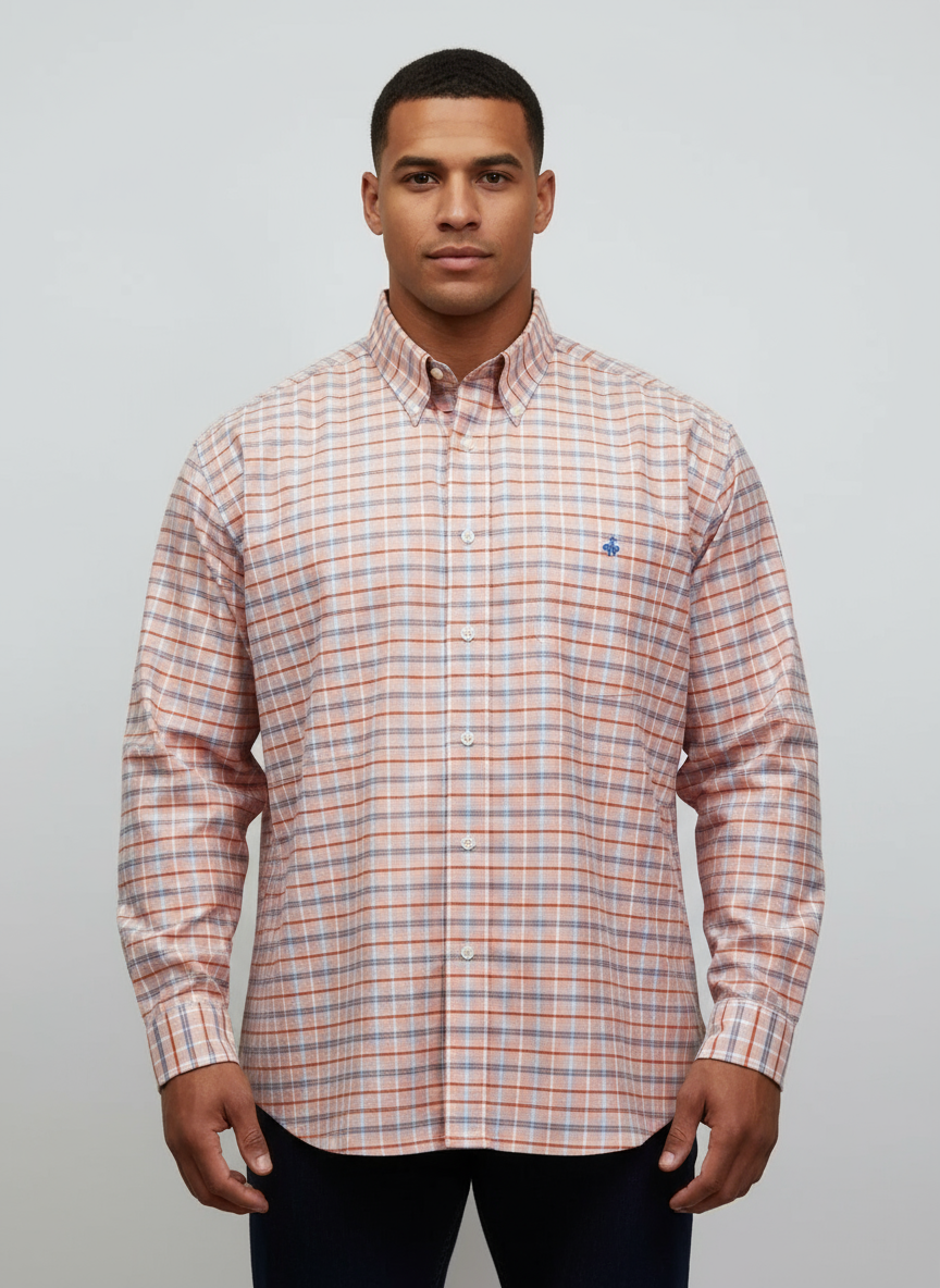 Camisa Brooks Brothers 🐑 color salmon con patrón de cuadros naranja y azul Talla 3XL Entalle Regular