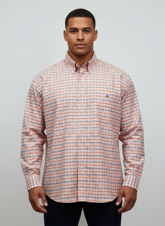 Camisa Brooks Brothers 🐑 color salmon con patrón de cuadros naranja y azul Talla 3XL Entalle Regular