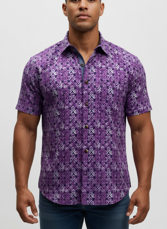 Camisa de botones Tommy Bahama 🌴 con diseño de triptico en morado y blanco Talla L Entalle Regular