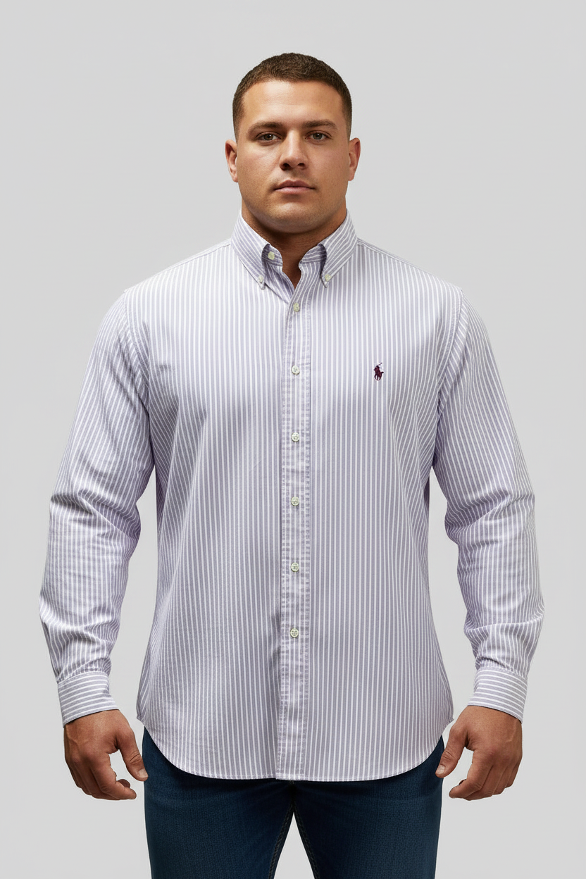 Camisa Polo Ralph Lauren 🏇🏼 Oxford de rayas en color lila y blanco Talla XL Entalle Clásica
