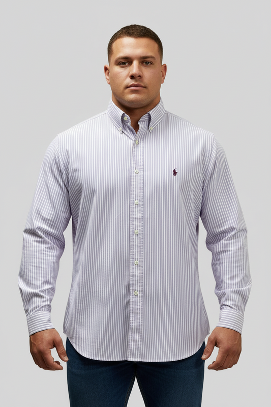 Camisa Polo Ralph Lauren 🏇🏼 Oxford de rayas en color lila y blanco Talla XL Entalle Clásico