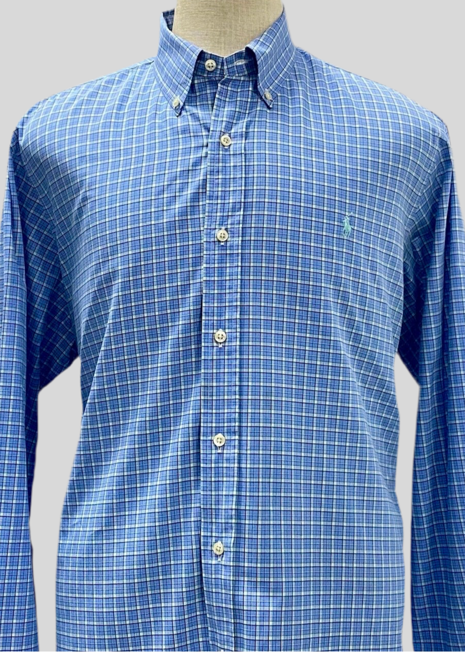 Camisa Polo Ralph Lauren 🏇🏼 con patron de cuadros tartán azul, celeste y blanco Talla XL Entalle Regular