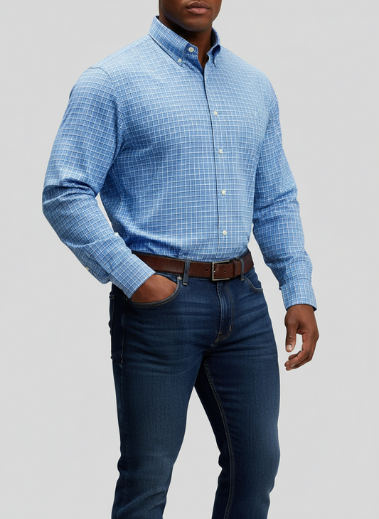Camisa Polo Ralph Lauren 🏇🏼 con patron de cuadros tartán azul, celeste y blanco Talla XL Entalle Regular