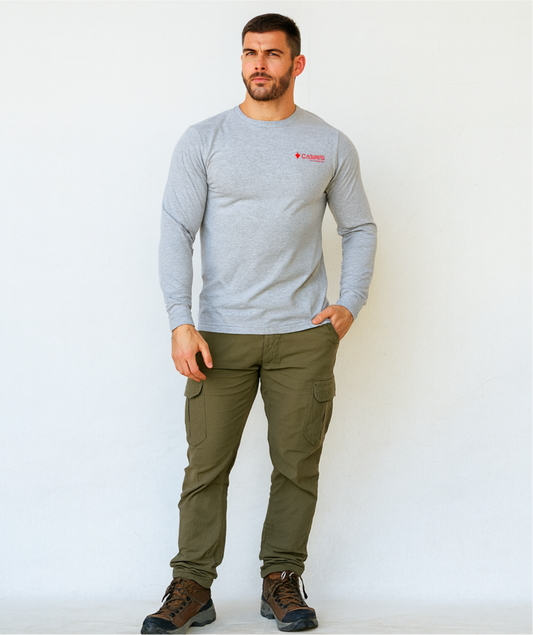 Camiseta cuello redondo Columbia 🔷 color gris claro con diseño de pesca manga larga Talla S