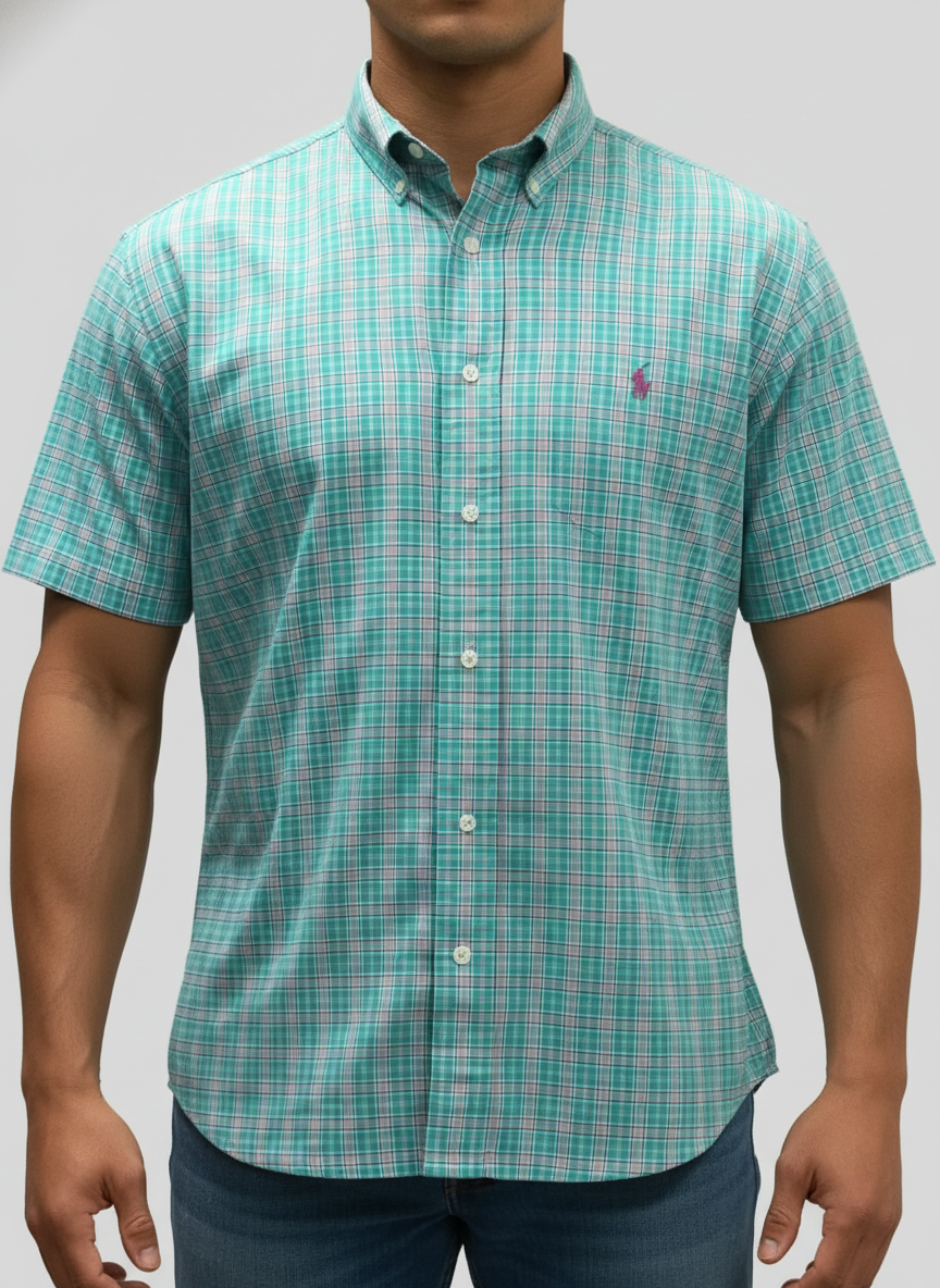Camisa Polo Ralph Lauren 🏇🏼 color verde con patrón de cuadros en rosado y blanco Talla L Entalle Clásico