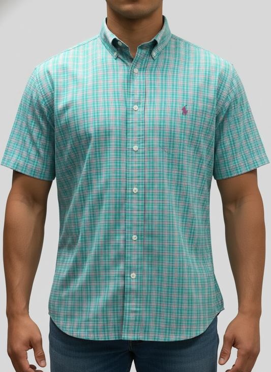 Camisa Polo Ralph Lauren 🏇🏼 color verde con patrón de cuadros en rosado y blanco Talla L Entalle Clásico