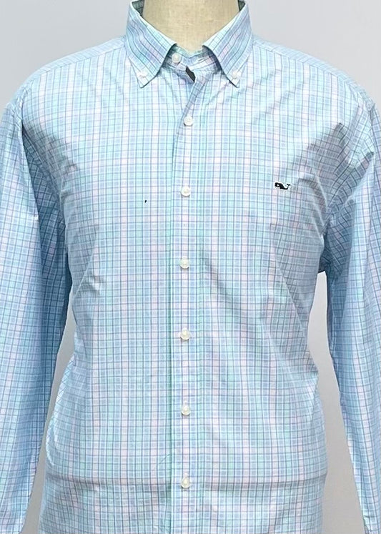 Camisa de botones Vineyard Vines 🐳 color blanco de cuadros en color rosado, verde y celeste Talla XL Entalle Slim Fit