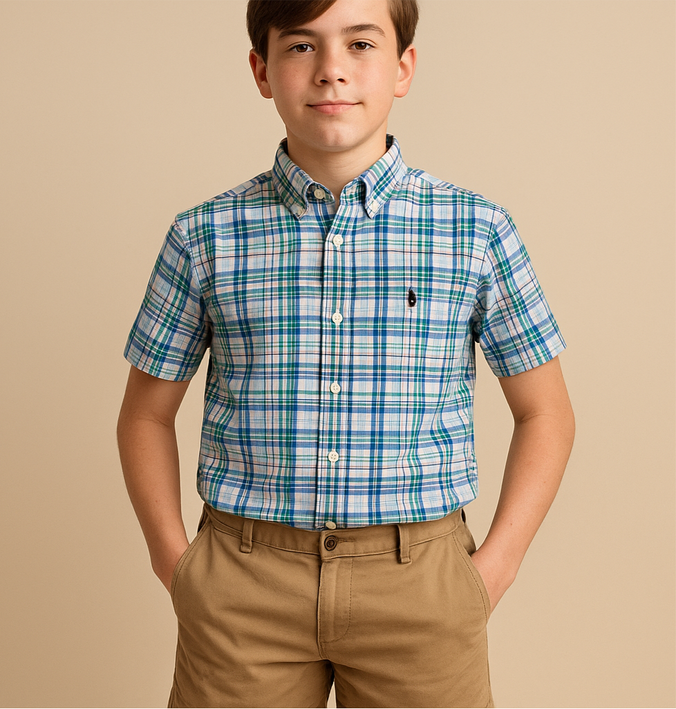 Camisa de niño Polo Ralph Lauren 🏇🏼 color blanco con patron de cuadros en celeste, verde, amarillo y rosado Talla L (14-16) Entalle Regular