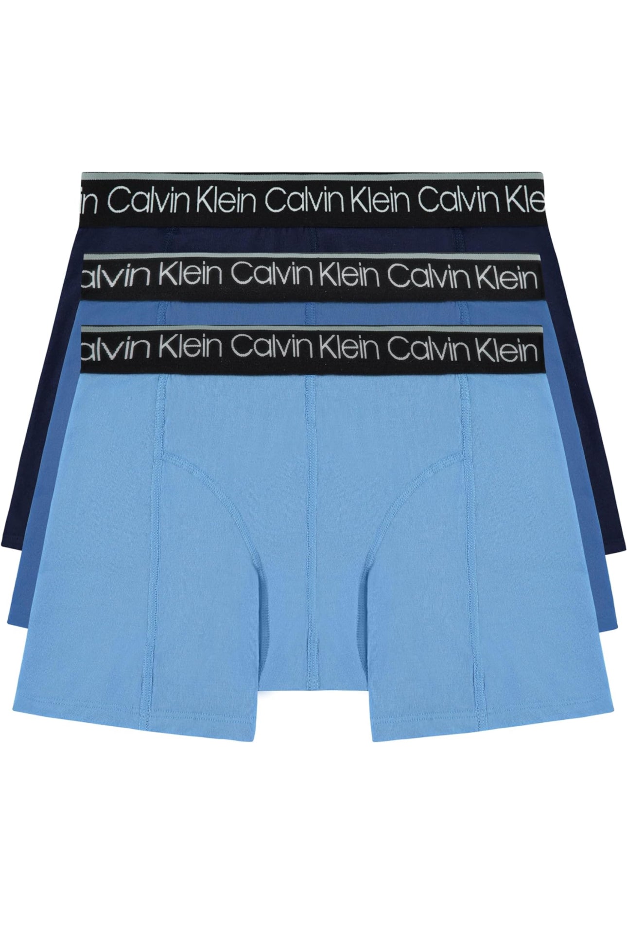 Paquete de 3 Calzoncillos tipo Boxer Calvin Klein Cotton Stretch en color azul, celeste y negro - Tela ligera en Talla L y XL