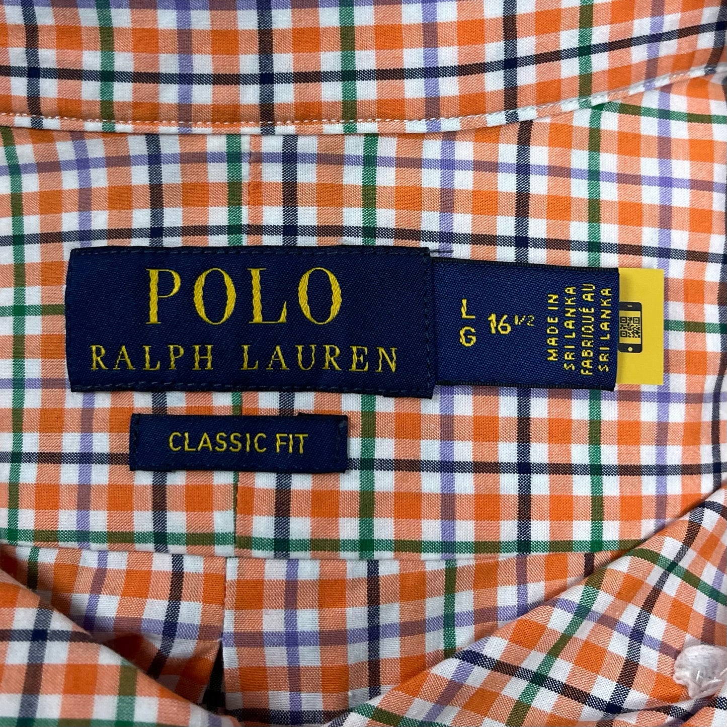 Camisa Polo Ralph Lauren 🏇🏼 color blanco con patrón de cuadros naranja, verde y azul Talla L Entalle Clásico