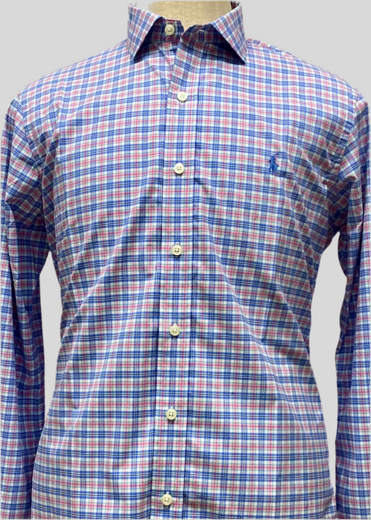 Camisa Polo Ralph Lauren 🏇🏼 Performance con patron de cuadros rosado, azul y blanco Talla M Entalle Regular