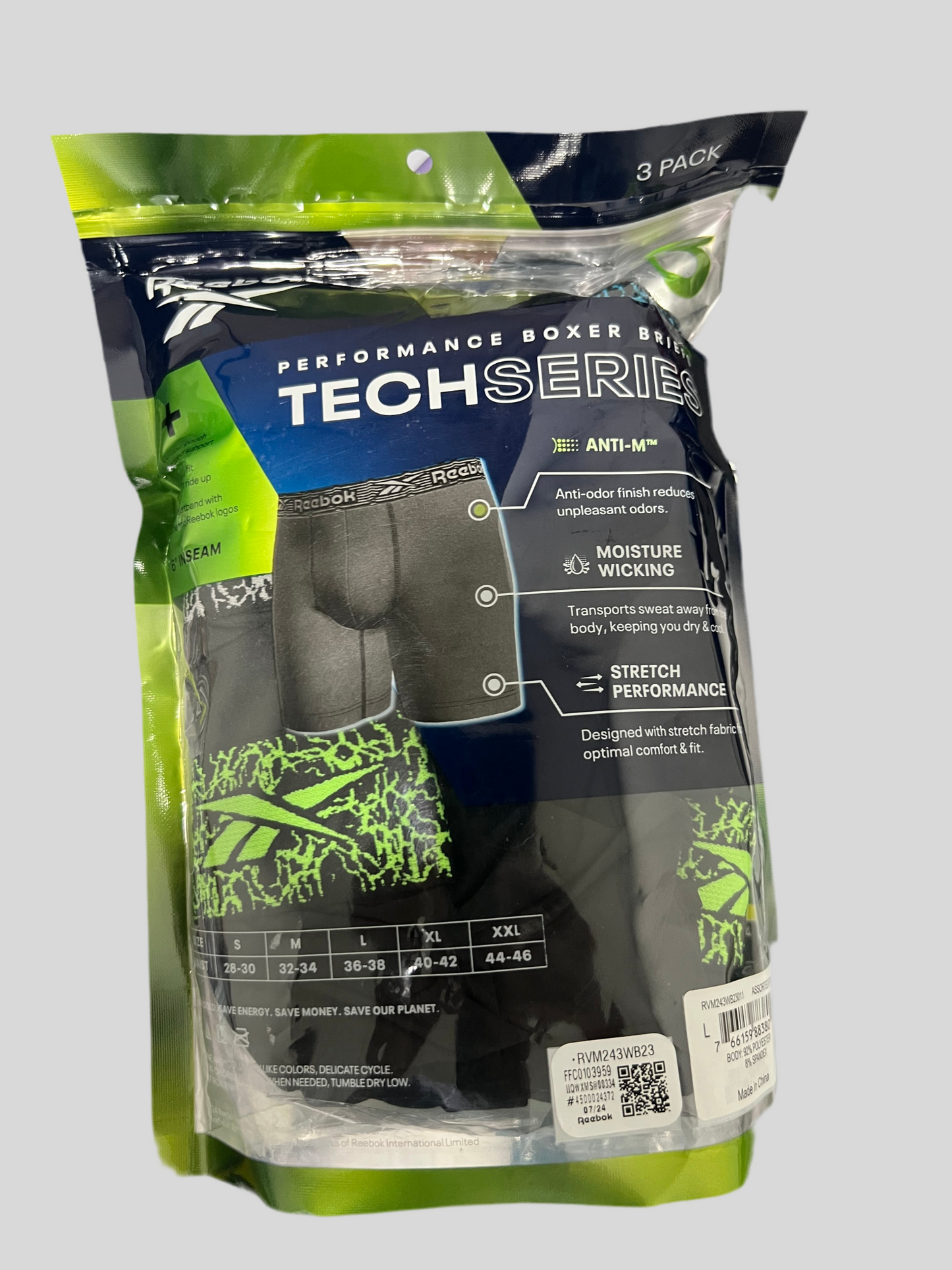 Combo de 3 Boxers Briefs Reebok Tela Performance en color negro y gris Largo Regular Talla L