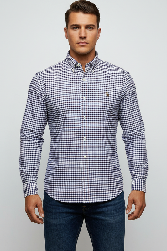 Camisa de botones Polo Ralph Lauren 🏇🏼 Oxford color blanco de cuadros en color rojo oscuro y azul navy Talla M Entalle Regular