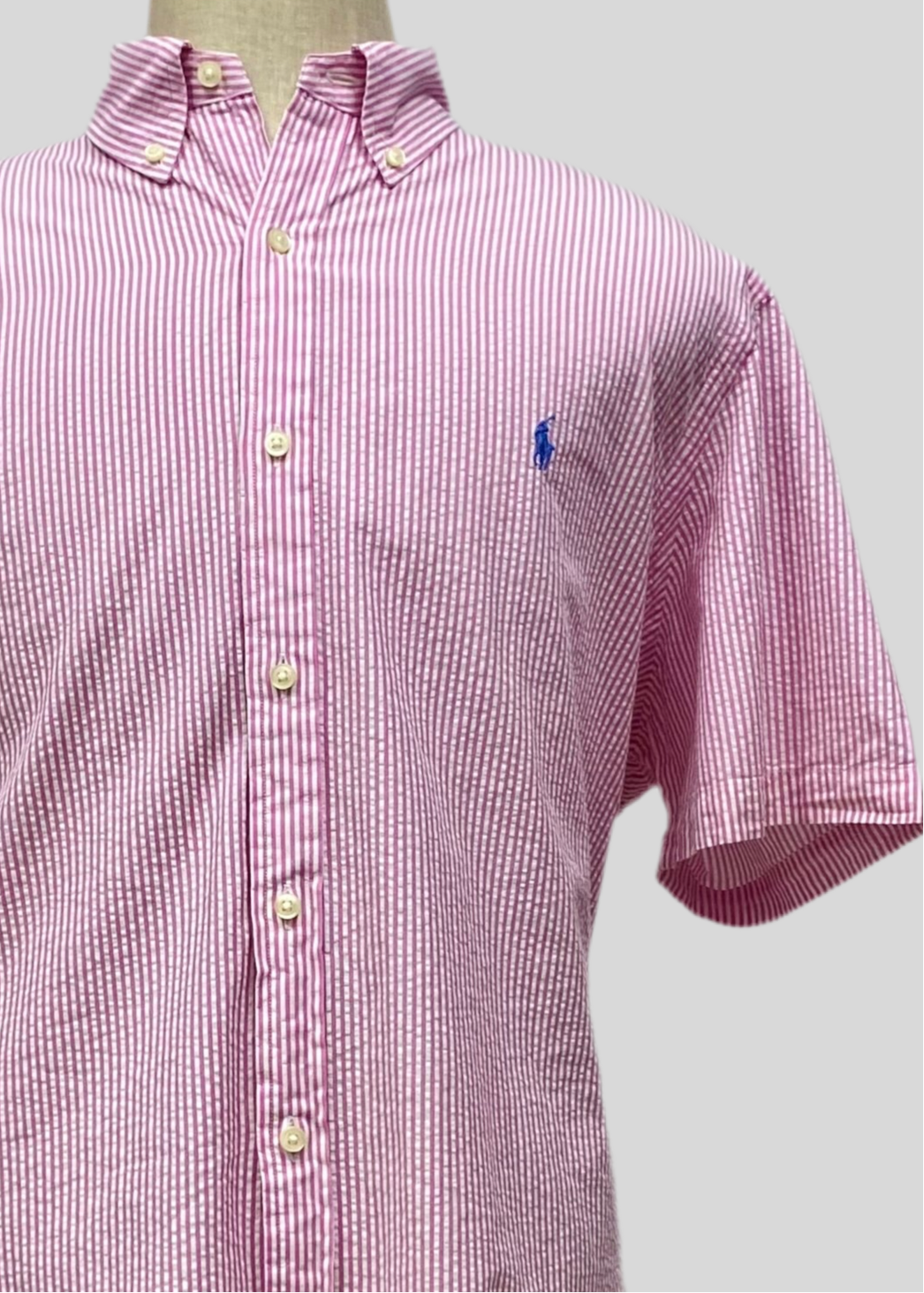 Camisa Polo Ralph Lauren 🏇🏼  Color blanco con patrón de rayas en rosado Seersucker Talla XXL Entalle Clásico