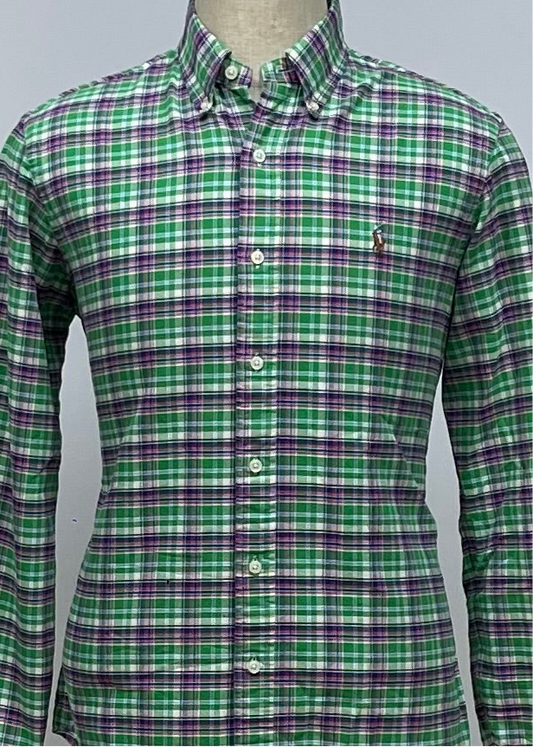 Camisa Polo Ralph Lauren 🏇🏼 Oxford con patron de cuadros tartán en color verde, azul, blanco y rosado Talla M Entalle Regular