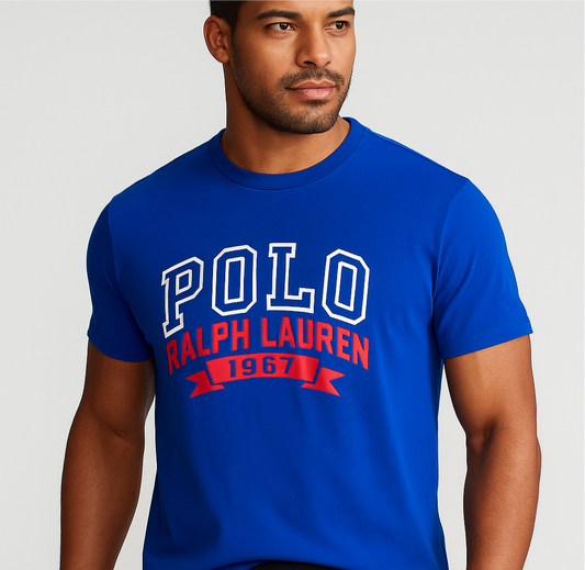 Camiseta cuello redondo Polo Ralph Lauren 🏇🏼 color azul y logo estampado en blanco y rojo Talla XL