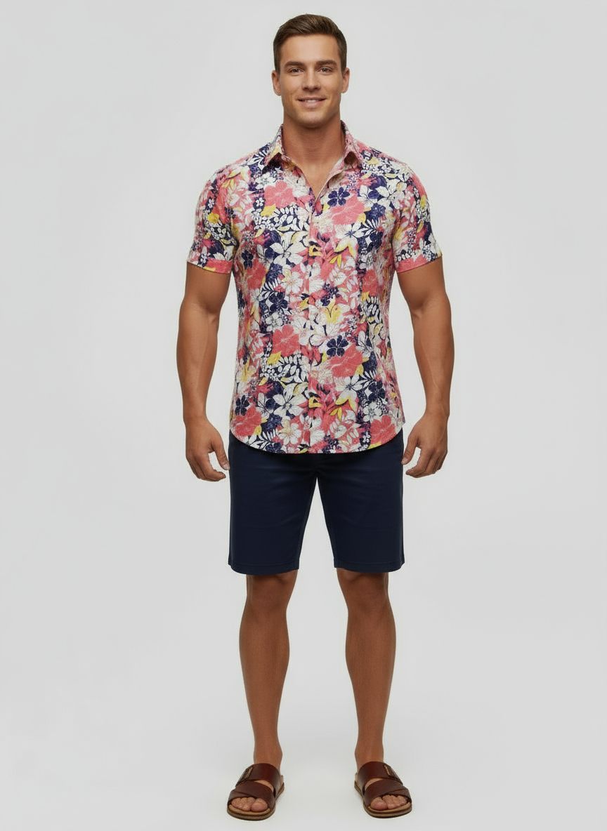 Camisa de botones Nautica ⚓️ con diseño de flores en color rosado, azul, amarillo y blanco Talla M Entalle Regular