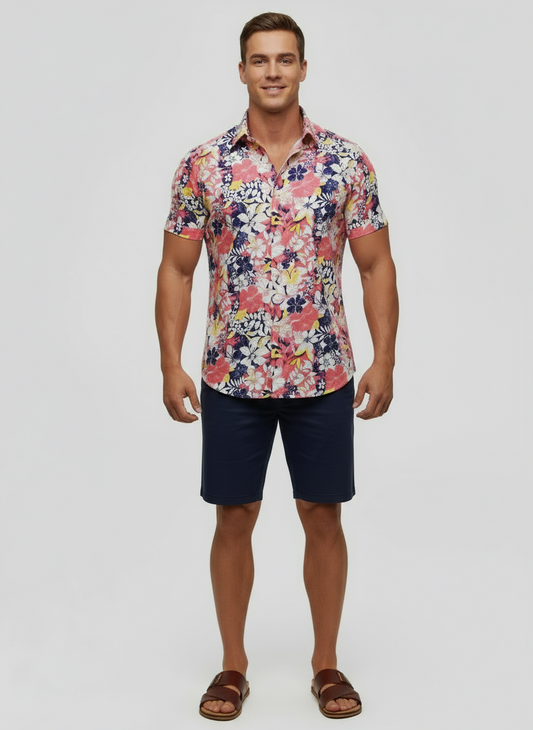 Camisa de botones Nautica ⚓️ con diseño de flores en color rosado, azul, amarillo y blanco Talla M Entalle Regular