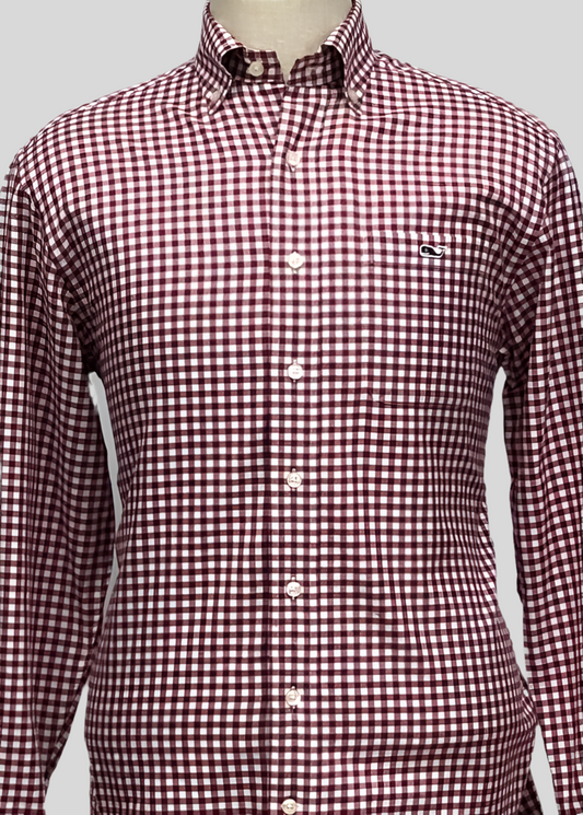 Camisa Vineyard Vines 🐳 con patron de cuadros gingham en color rojo oscuro y blanco Talla L Entalle Regular