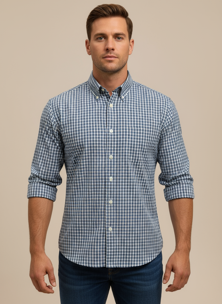Camisa Brooks Brothers 🐑 color blanco con cuadros en azul Talla L Entalle Regular