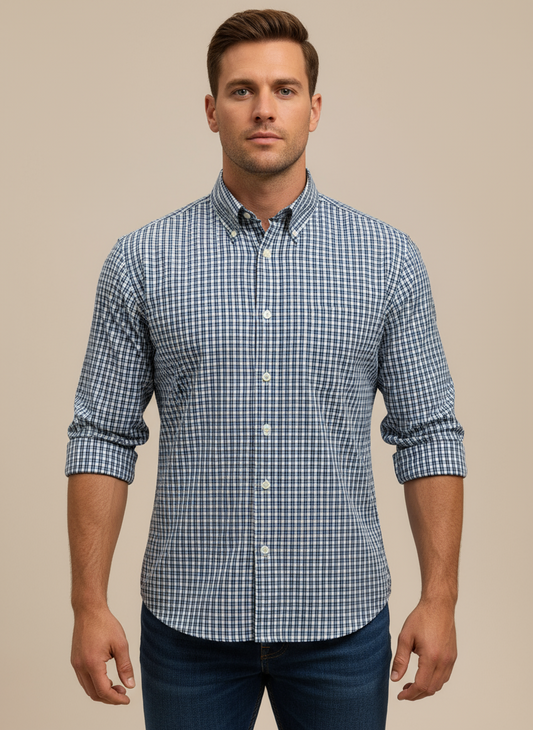 Camisa Brooks Brothers 🐑 color blanco con cuadros en azul Talla L Entalle Regular