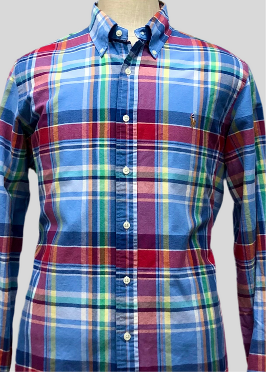 Camisa Polo Ralph Lauren 🏇🏼 Oxford de cuadros tartán celeste, azul, rojo, amarillo y verde Talla L Entalle Regular
