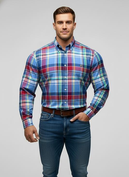 Camisa de botones Polo Ralph Lauren 🏇🏼 Oxford de cuadros tartán celeste, azul, rojo, amarillo y verde Talla XL Entalle Regular