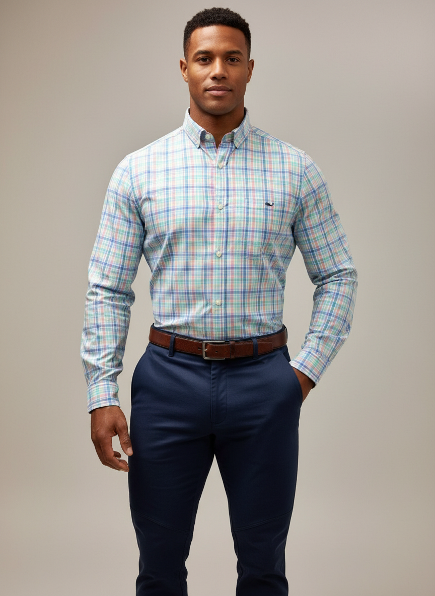 Camisa de botones Vineyard Vines 🐳 color blanco de cuadros en color celeste, azul y rosado Talla S Entalle Slim Fit