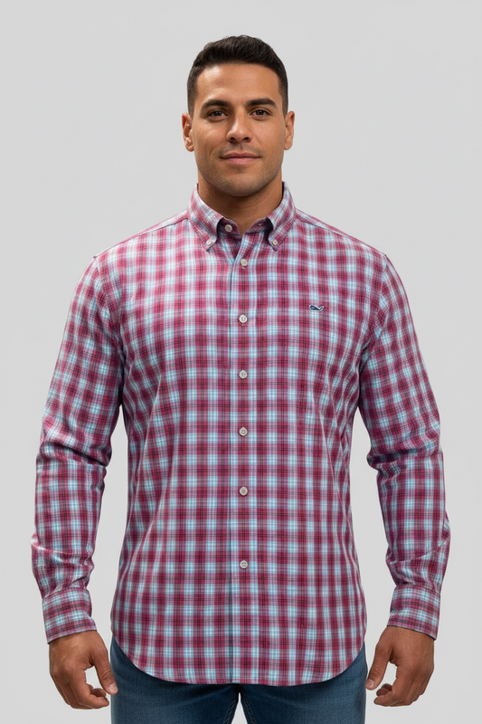 Camisa de botones Vineyard Vines 🐳 con cuadros en color rojo, celeste y blanco Talla XL Entalle Clasico
