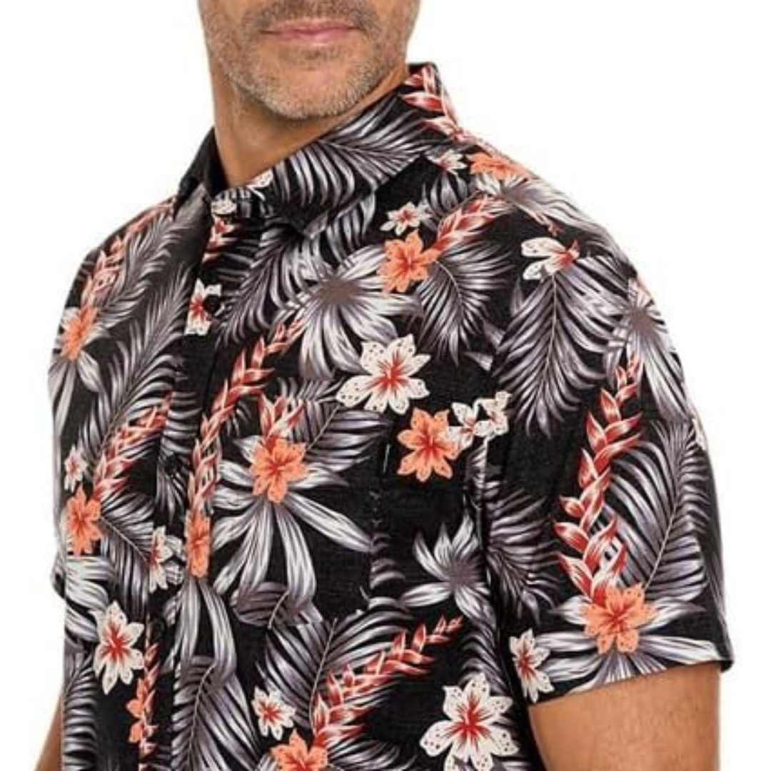 Camisa de botones Hurley 🏄🏽‍♂️ color negro con diseño de flores Talla L Entalle Regular