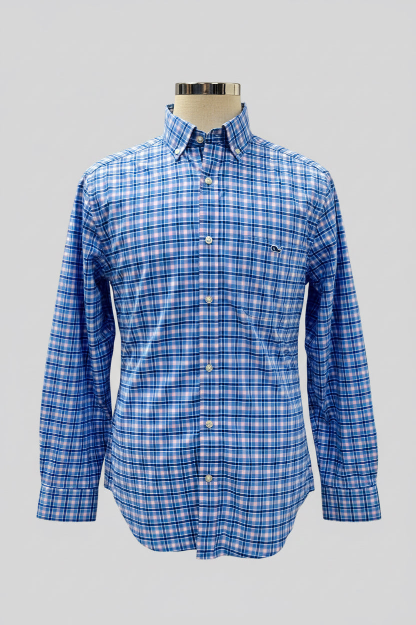 Camisa de botones Vineyard Vines 🐳 Performance de cuadros en azul, rosado y blanco Talla M Entalle Clasico