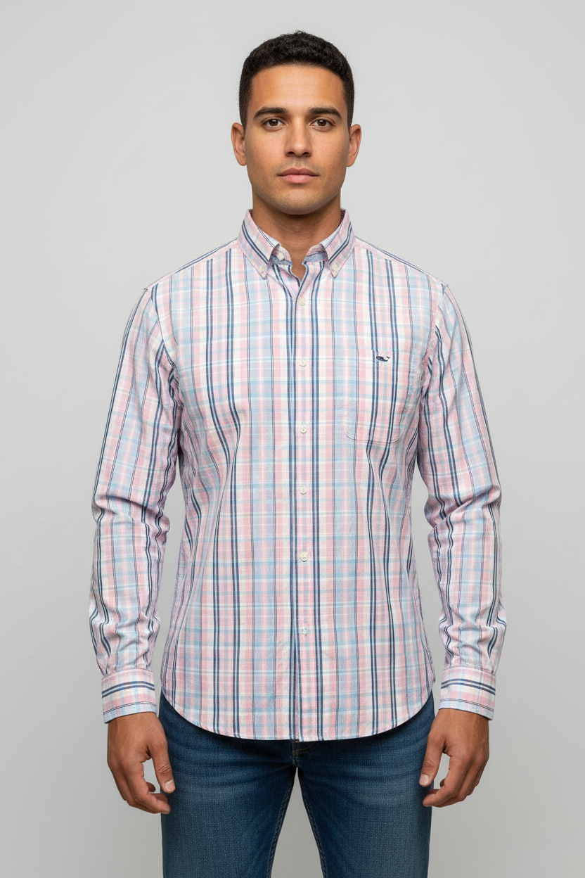 Camisa de botones Vineyard Vines 🐳 con patrón de rayas en color rosado, celeste y blanco Talla S Entalle Clásico