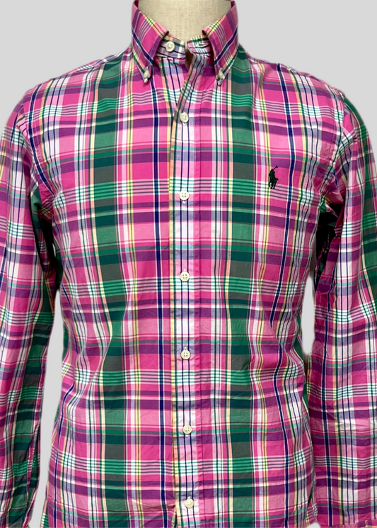 Camisa de botones Polo Ralph Lauren 🏇🏼 de cuadros tartán en color rosado, verde y blanco Talla L Entalle Custom Fit
