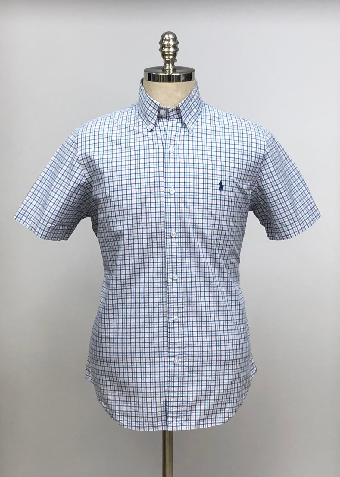 Camisa Polo Ralph Lauren 🏇🏼 color blanco con patrón de cuadros azul y rosado Talla M Entalle Regular