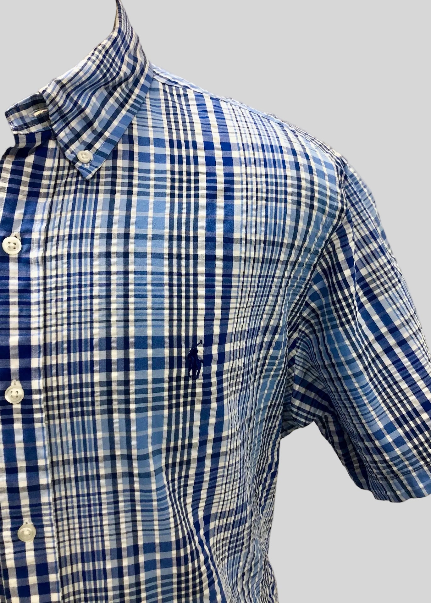 Camisa de botones Polo Ralph Lauren 🏇🏼 Seersucker de cuadros en azul, celeste y blanco Talla XL Entalle Regular