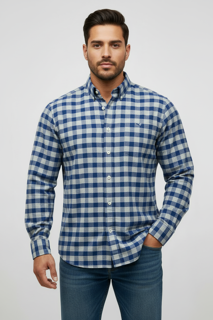 Camisa de cuadros Vineyard Vines 🐳 Flanel de cuadros gingham en color azul y gris Talla XL Entalle Slim Fit