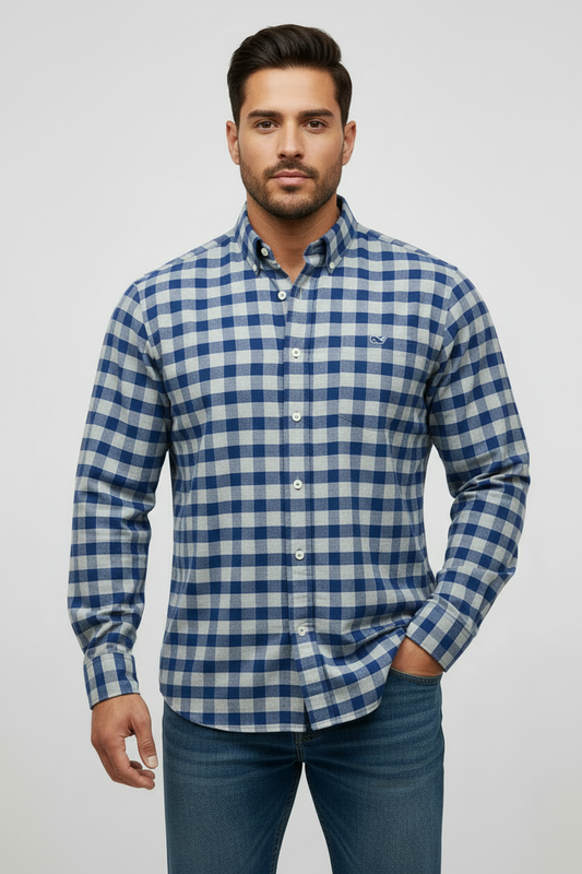 Camisa de cuadros Vineyard Vines 🐳 Flanel de cuadros gingham en color azul y gris Talla XL Entalle Slim Fit