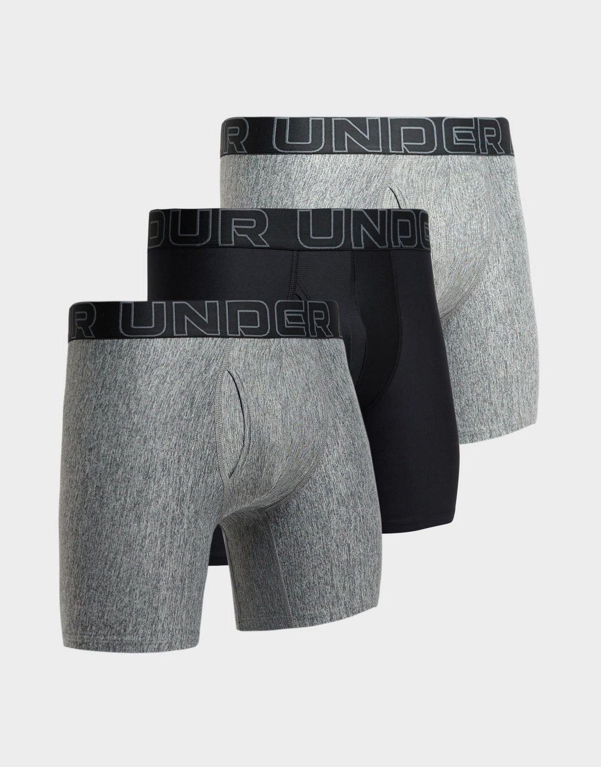 Combo de 3 Boxers Briefs Under Armour 🏋🏽 Tela Performance Tech de 9” de largo color negro, gris claro y oscuro Talla M