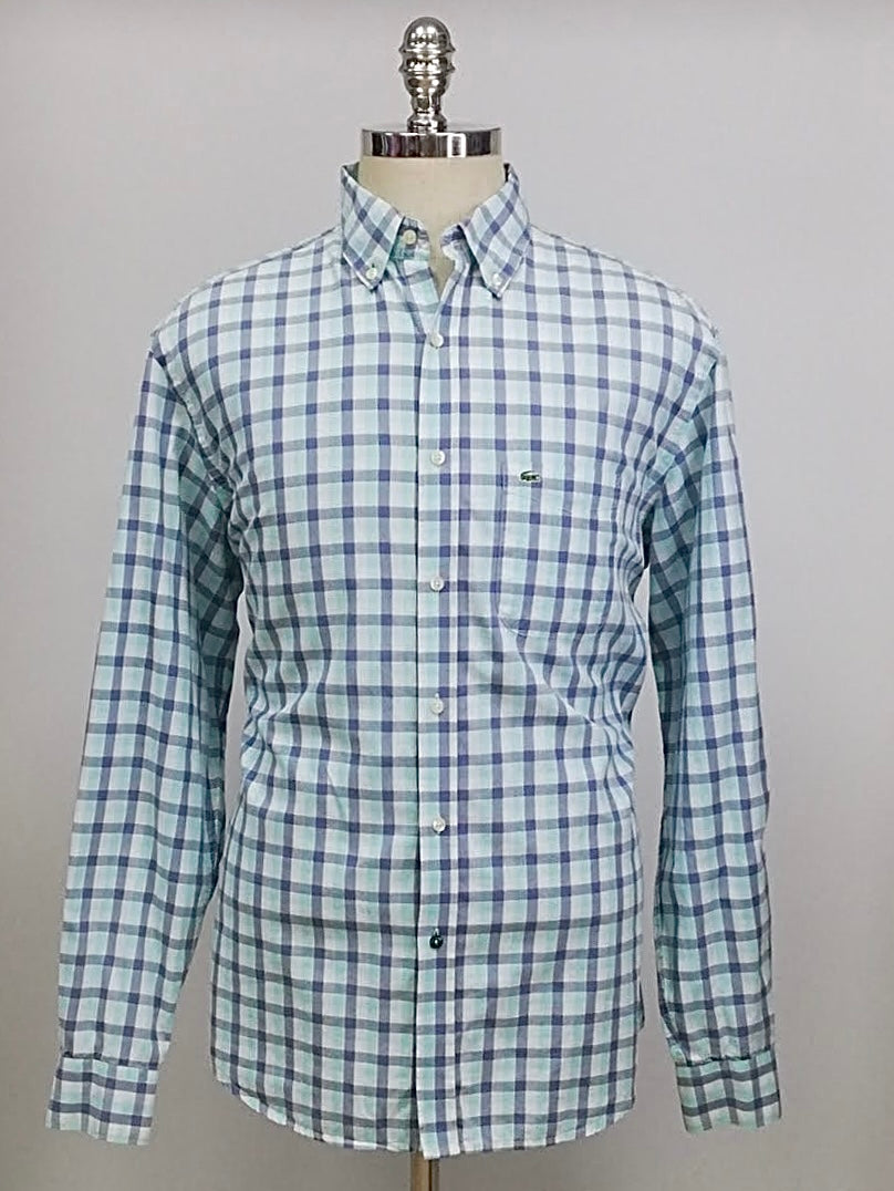 Camisa de botones Lacoste 🐊 con patron de cuadros en azul, turquesa y blanco Talla L Entalle Regular (ver descripción)