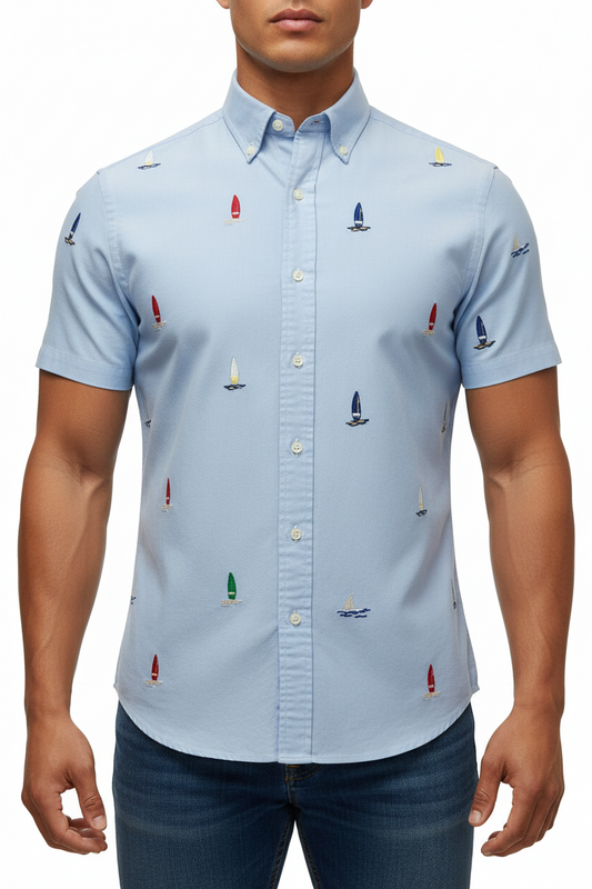 Camisa de botones Polo Ralph Lauren 🏇🏼 Oxford color celeste con diseño de tablas de surf Talla M Entalle Clásico