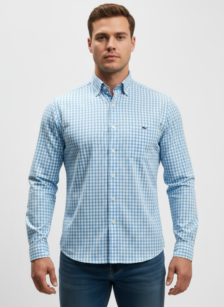 Camisa Vineyard Vines 🐳 de cuadros gingham en color celeste y blanco Talla M Entalle Slim Fit