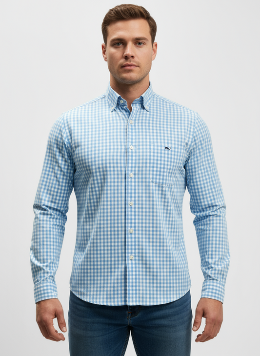 Camisa Vineyard Vines 🐳 con patron cuadros gingham en color celeste y blanco Talla S Entalle Slim Fit