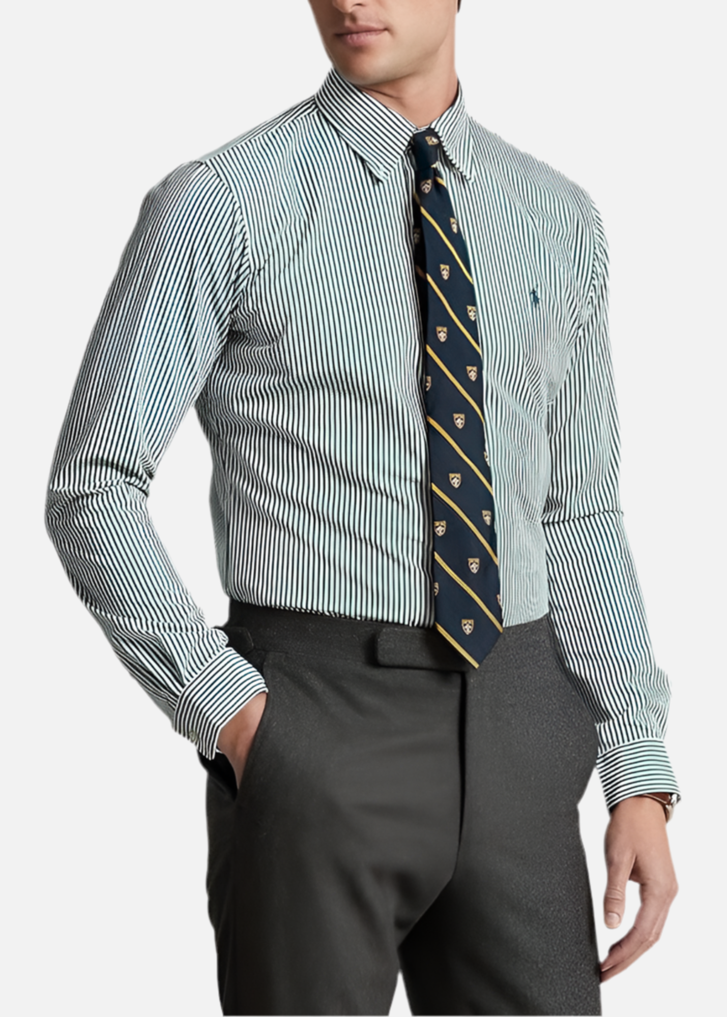 Camisa Polo Ralph Lauren 🏇🏼 con patrón de rayas en color verde claro y blanco Talla XL Entalle Regular