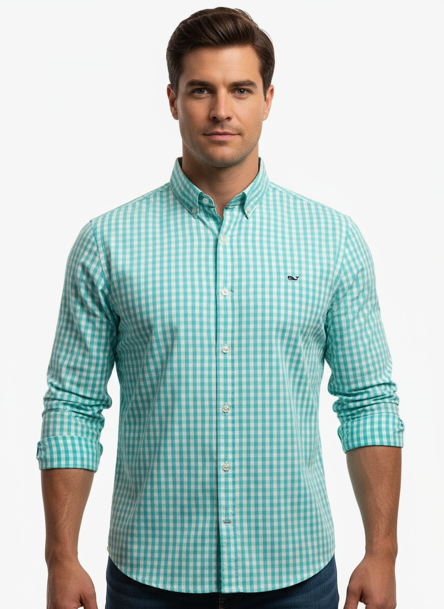 Camisa de botones Vineyard Vines 🐳 de cuadros en color turquesa y blanco Talla M Entalle Slim Fit