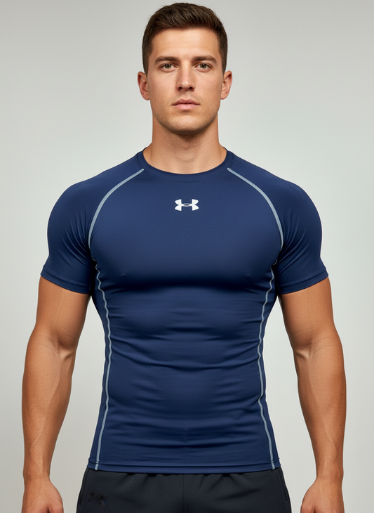 Camiseta de compresión Under Armour 🏋🏽 color azul navy y logo en gris Talla Large