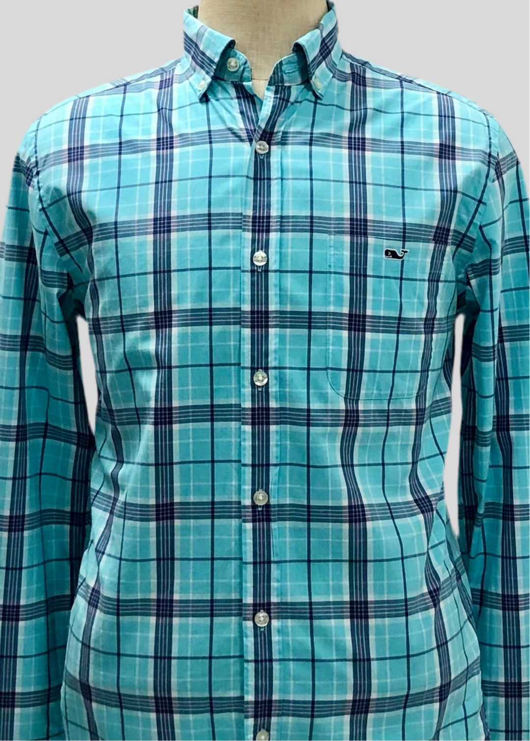 Camisa Vineyard Vines 🐳 con patron de cuadros en color celeste, azul navy y blanco Talla M Entalle Clásico (ver descripción)
