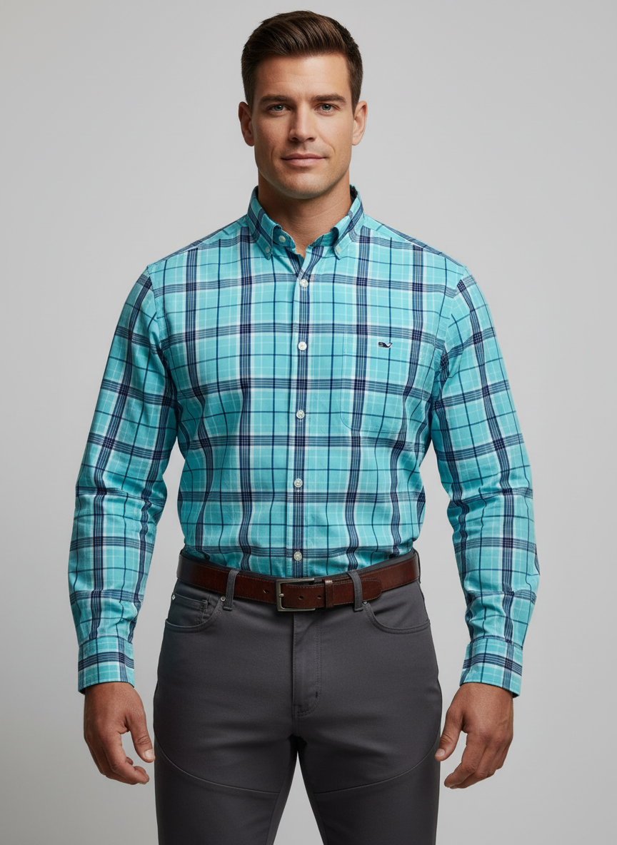 Camisa Vineyard Vines 🐳 con patron de cuadros en color celeste, azul navy y blanco Talla M Entalle Clásico (ver descripción)