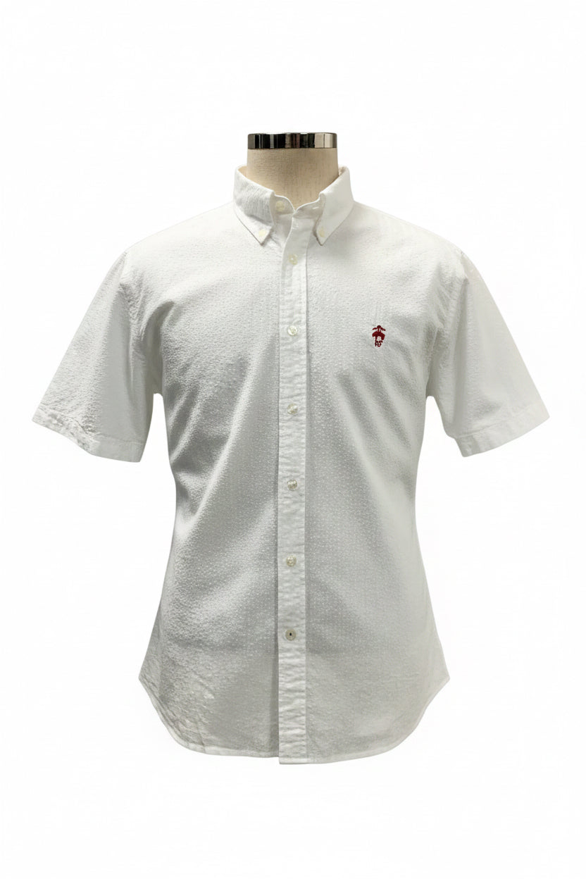 Camisa de botones Brooks Brothers 🐑 Seersucker color blanco y logo rojo Talla L Entalle Regular